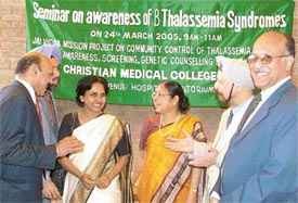 Dr Silas Charles, Director, CMCH, Dr Shavinder Singh, Dr Sheila Das, Dr D. Mohanty, Dr L. S. Chawla and Dr Mohan Verghese, Principal, CMCH, at the founders day celebration of the hospital