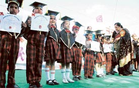Students of Spring Dale Senior Secondary Public School wait to receive their degrees at the convocation function organised in the school on Wednesday