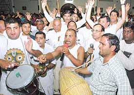 ISKCON devotees take part in Hari Nam Sankirtan on the occasion of appearance day of Chaitanya Mahaprabhu at Hare Krishna Dham, Sector 36, Chandigarh on Friday.