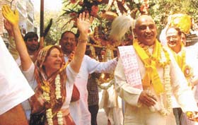 Devotees celebrating Holi and the birth anniversary of Chaitanya Mahaprabhu, organised by ISCON in the Capital
