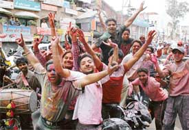 Boys celebrate Holi in Ludhiana on Friday