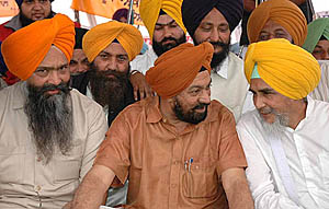 From left: Prof Prem Singh Chandumajra, Mr Balwant Singh Ramoowalia and Mr Sucha Singh Chhotepur at Anandpur Sahib on Friday.