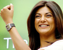 Former Miss Universe, actress and Tag Heuer Brand Ambassador Sushmita Sen poses with the newly launched Tag Heuer Golf watch in New Delhi on Sunday. 