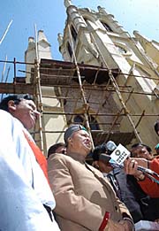 Himachal Pradesh Chief Minister Virbhadra Singh addresses mediapersons after the restoration work on Christ Church started in Shimla on Sunday.