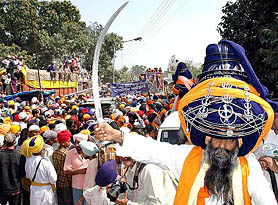 Nihangs hold a procession to mark the Hola Mohalla festivities at Anandpur Sahib on Saturday. 