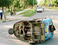 The overturned autorickshaw after it was hit by the official car of Rana Gurmit Singh Sodhi in Chandigarh on Monday. 