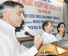 Mr Pawan Kumar Bansal, MP, addresses a seminar on Dr Ambedkar at Panjab University on Monday. 