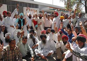 Congress workers from the Zira area hold a protest outside Punjab Congress Bhavan in Chandigarh