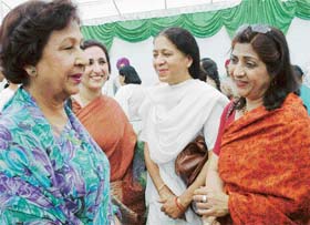 Mrs Jean Rodrigues, wife of Punjab Governor and UT Administrator Gen SF Rodrigues (retd), interacts with heads of women’s organisation after laying the foundation stone of the second phase of Working Women’s Hostel in Sector 24