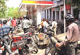 A big rush at a petrol pump in Connaught Place during the strike call by the Confederation of All India Traders against VAT in the Capital