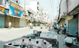 Chaura Bazar wears a deserted look as shops were closed in protest against VAT in Ludhiana on Wednesday