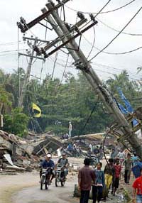 Residents walk along a road on Wednesday after a massive earthquake hit the town of Nias on the Indonesia island of Sumatra