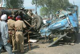 The Sawraj Mazda canter and the truck after the head-on collision near Dera Beas (Amritisar) early on Friday