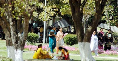 Students of Punjab Agricultural University enjoy the pleasant weather on the campus in Ludhiana