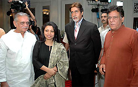 Lyricist Gulzar, Nandita Puri, mega-star Amitabh Bachchan and Om Puri at the launch of Nandita Puris new book Nine on Nine in Mumbai on Friday night