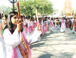 Devotees of Lord Krishna participating in Jagannath Rath Yatra, organised by Narayna Vihar Social Welfare Society, at Narayna in the Capital. 