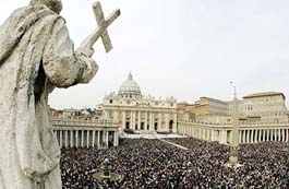 Faithfuls gather at the Saint Peters Square for a solemn mass led by Italian Cardinal Angelo Sodano to pay respect to Pope John Paul II on Sunday.
