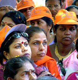 Activists of the Bharatiya Mazdoor Sangh from all over the country participate in a rally against the anti-worker policies of the Centre during their golden jubilee year annual convention at Jantar Mantar in New Delhi on Monday. 