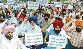 Members of the Government School Lecturers Union, Punjab, protest in Sector 17, Chandigarh, on Tuesday. 