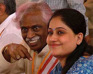 Former Union Minister Bandaru Dattatreya with film actress and BJP leader VijayaShanti at the BJP National Executive meeting at Ambedkar Stadium in New Delhi on Tuesday. 