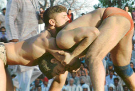 Indian and Pakistani wrestlers grapple duringa tournament in memory of Inder Pehalwan