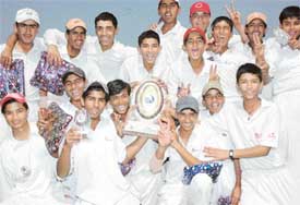 DAV, Sector 8, cricket team in a jubilant mood after winning ICL Certifications Trophy Under-15 Cricket Tournament held at St Johns High School, Sector 26, Chandigarh, on Wednesday