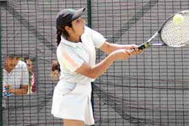 Mehak in action at the All-India Lawn Tennis Association Talent Tennis Series-2005 being held at the Chandigarh Club on Wednesday