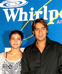 Ajay Devgan and Kajol, brand ambassadors for Whirlpool home appliances, at the launch of Genius- a refrigerator of Whirlpool in New Delhi