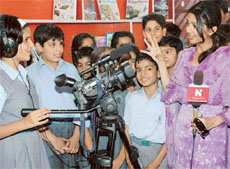 Bhoomika Chawla, a Bollywood actress, interacts with students of Dikshant International School in Zirakpur on Thursday. 