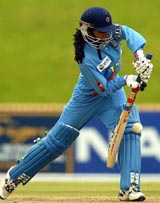 India's Mithali Raj blocks a ball during their semifinal match against New Zealand 