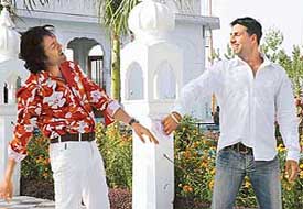 Bobby Deol and Akshay Kumar at the shooting of Dosti at Santsar Gurdwara, Sector 38, Chandigarh, on Saturday. 