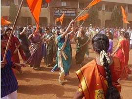Traditionally dressed women during a "shobha yatra" taken out to celebrate the Hindu new year