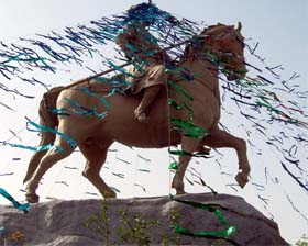 Sahibzada Ajit Singh’s statue being used for decoration, prior to the Baisakhi celebrations