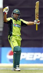 Pakistans Salman Butt celebrates after scoring a century during the third one-day match against India in Jamshedpur on Saturday. 