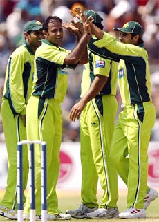 Pakistans Rana Naved-ul-Hasan celebrates with team-mates after the dismissal of Indias Rahul Dravid during the third one-day match in Jamshedpur 