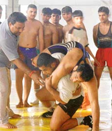 Grapplers undergo training at the wrestling training centre, Sector 42, Chandigarh
