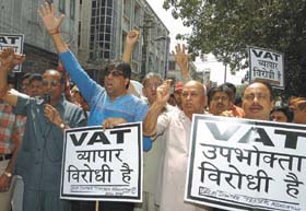 Auto spare parts traders protesting against VAT in Karol Bagh in the Capital