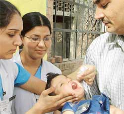 A child being given polio drops at a booth set up in the Civil Lines area in Ludhiana on Sunday