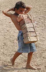 A five-year-old young participant carries six bricks