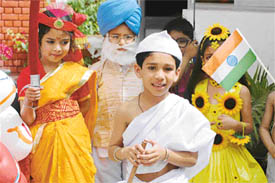 Children of Kundan Vidya Mandir School, Ludhiana, take part in a fancy dress competition on Monday