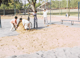 Repair work being carried out at the volleyball court in the Sports Complex, Sector 46,