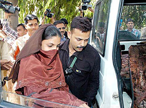 Zaheera Sheikh, prime witness in the Best Bakery case, arrives to appear before the Nanavati Shah Commission amid tight security in Ahmedabad on Wednesday.