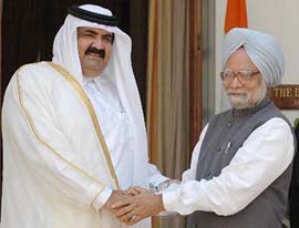 The Emir of Qatar, Sheikh Hamad bin Khalifa al-Thani shakes hands with Prime Minister Manmohan Singh before a meeting at Hyderabad House in New Delhi on Thursday.