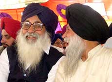 SAD chief Parkash Singh Badal and party general secretary Kanwaljit Singh at the partys conference in Talwandi Sabo
