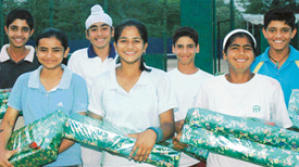 Winners of AITA Talent Series Tennis Tournament in a jubiliant mood at Lake Club, Sector 6, Chandigarh, on Friday.