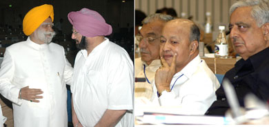 Bihar Governor Buta Singh and Punjab Chief Minister Amarinder Singh and Mr Bhupinder Singh Hooda (Haryana), Mr Virbhadra Singh (Himachal) and Mr Mufti Mohammed Sayeed (Jammu and Kashmir) at the conference of Chief Ministers in New Delhi on Friday. 