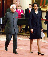 External Affairs Minister K. Natwar Singh and US Secretary of State Condoleeza Rice arrive at the Department of State Building in Washington DC to address a joint press conference on Thursday