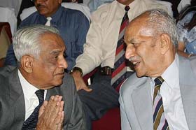 Former Governor K. V. Krishna Rao and former Pakistan air chief L. H. Latif at a function in the College of Defence Management in Hyderabad on Saturday.