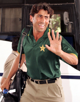 Pakistani vice-captain Younis Khan gestures outside a hotel on the eve of the sixth one-day international against India in New Delhi on Saturday