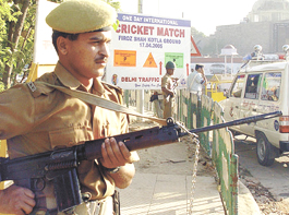 Police personnel at ITO crossing during the India-Pakistan cricket match in the Capital.